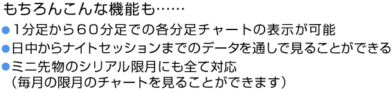 １分足から60分足での各分足のチャート表示が可能、日中からナイトセッションまでのデータを通しで見ることができます、ミニ先物のシリアル限月にも全て対応